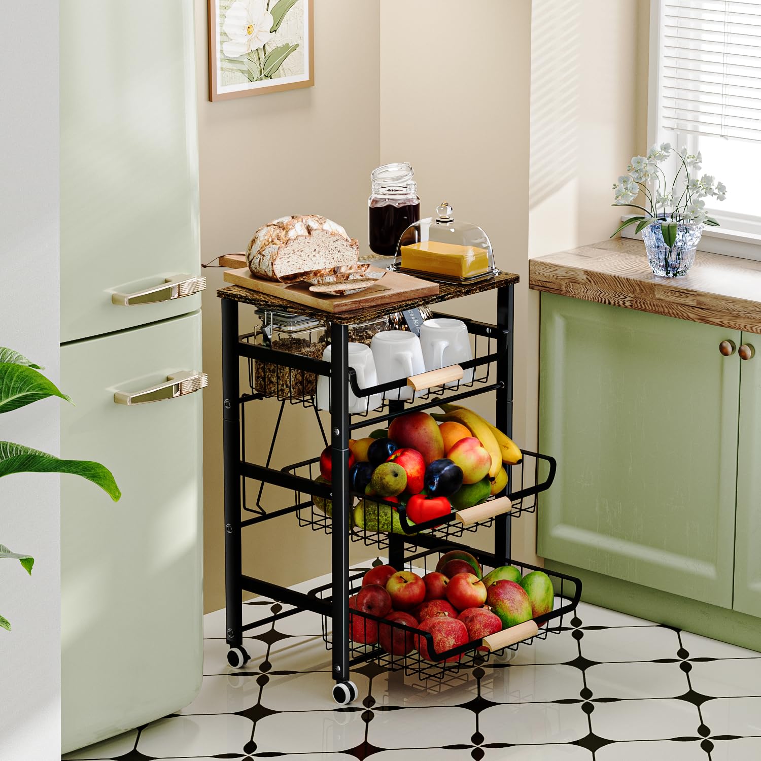JAQ Fruit Vegetables Carts, 4-Tier Slide Out Metal Storage Baskets Stand Organizers with Wood Top