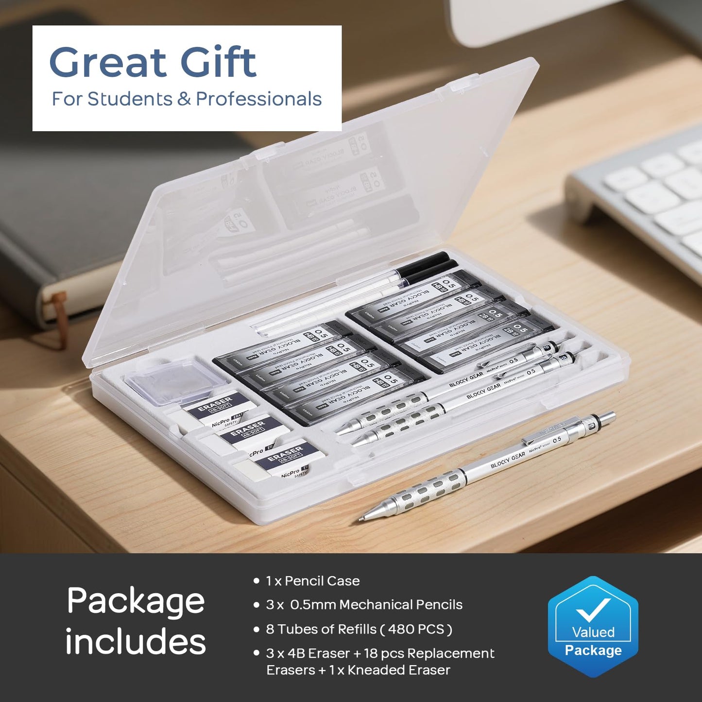 Nicpro 3 Pack Blocky Gear 0.5 mm Metal Mechanical Pencils Set with Case