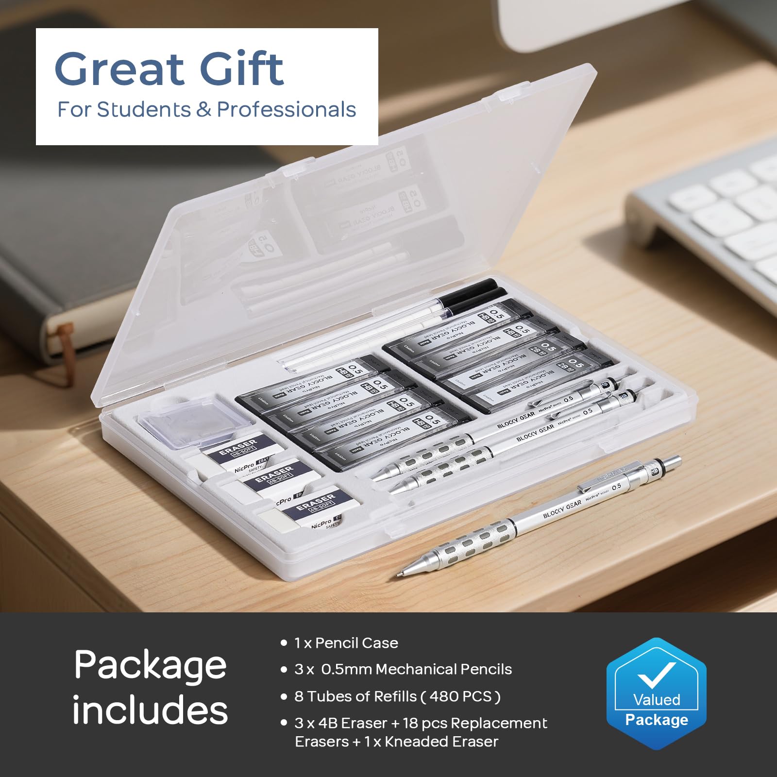 Nicpro 3 Pack Blocky Gear 0.5 mm Metal Mechanical Pencils Set with Case
