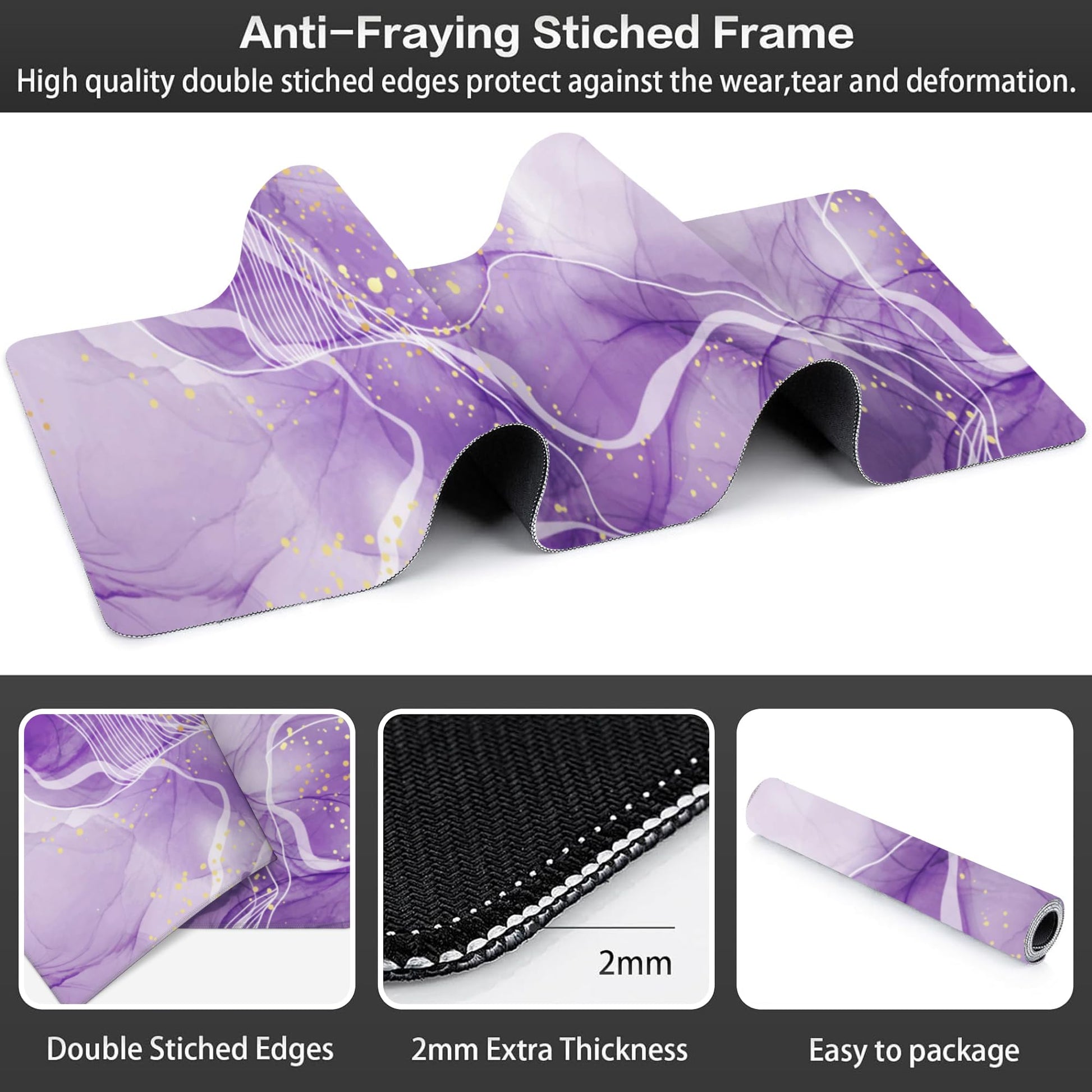 Watercolor Purple Marble Desk Mat,Large Violet Marble Texture Gaming Keyboard Mouse Pad,Non-Slip