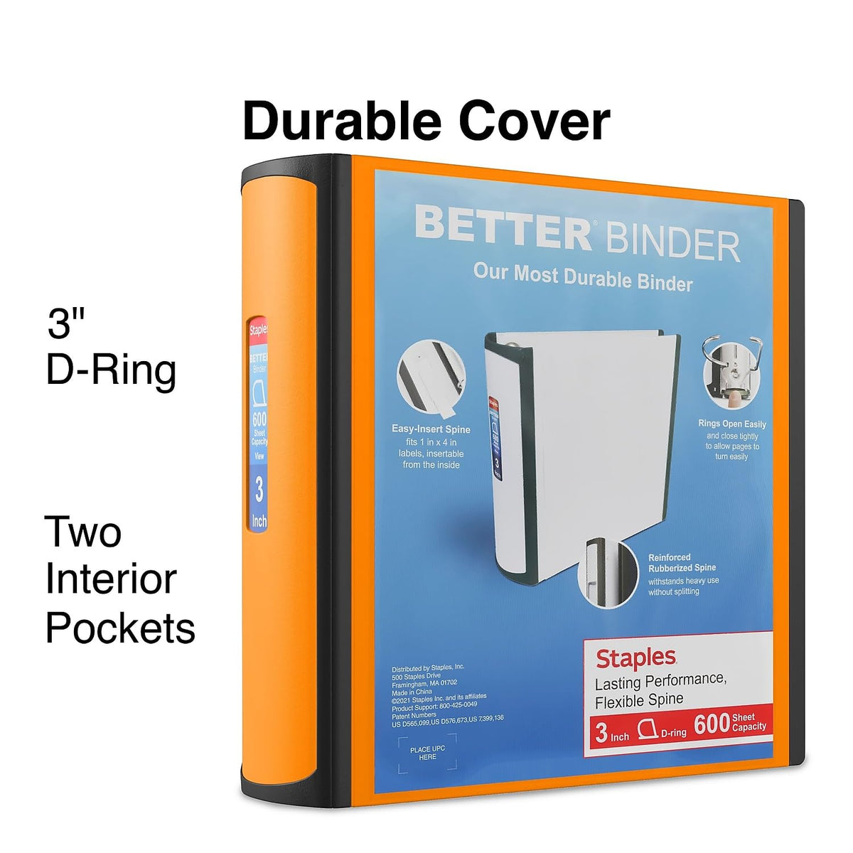 Staples Better Binder, 3 Inch 3-Ring, Orange, Locking Rings, 2-Pk