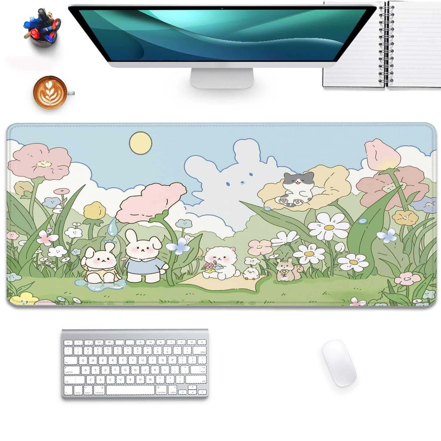 Cute Cartoon Bear Rabbit Cat and Flowers Extended Desk Pad Mouse Pad,Stitched Edges Non-Slip Rubber