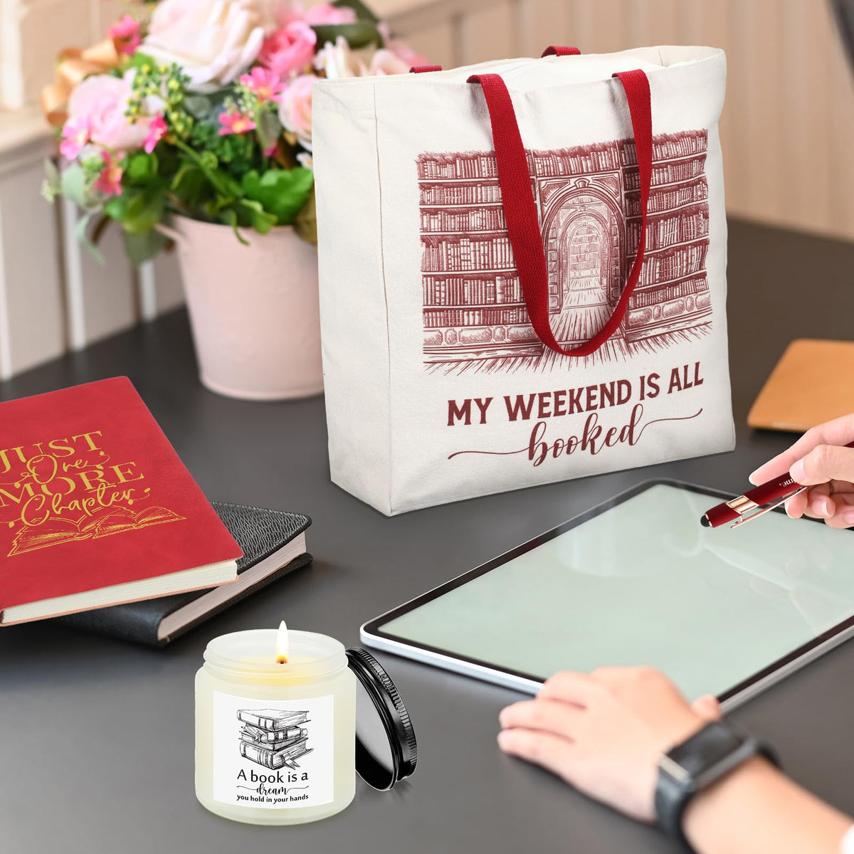 Jetec 5 Piece Book Lovers Set, Canvas Tote Bag Notebook, Candle, Red