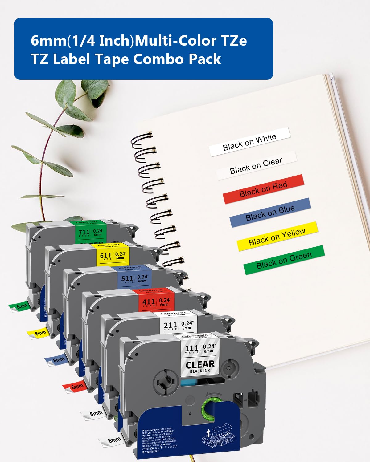 Labelwell 6-Pack TZe TZ Tape 6mm 0.23 Inch Laminated Multi Color