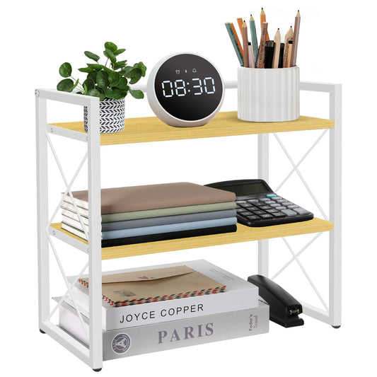 YINMIT Desktop Shelf Organizer, 2 Tier Office Shelves, Wood Desk Organizer Storage Rack and
