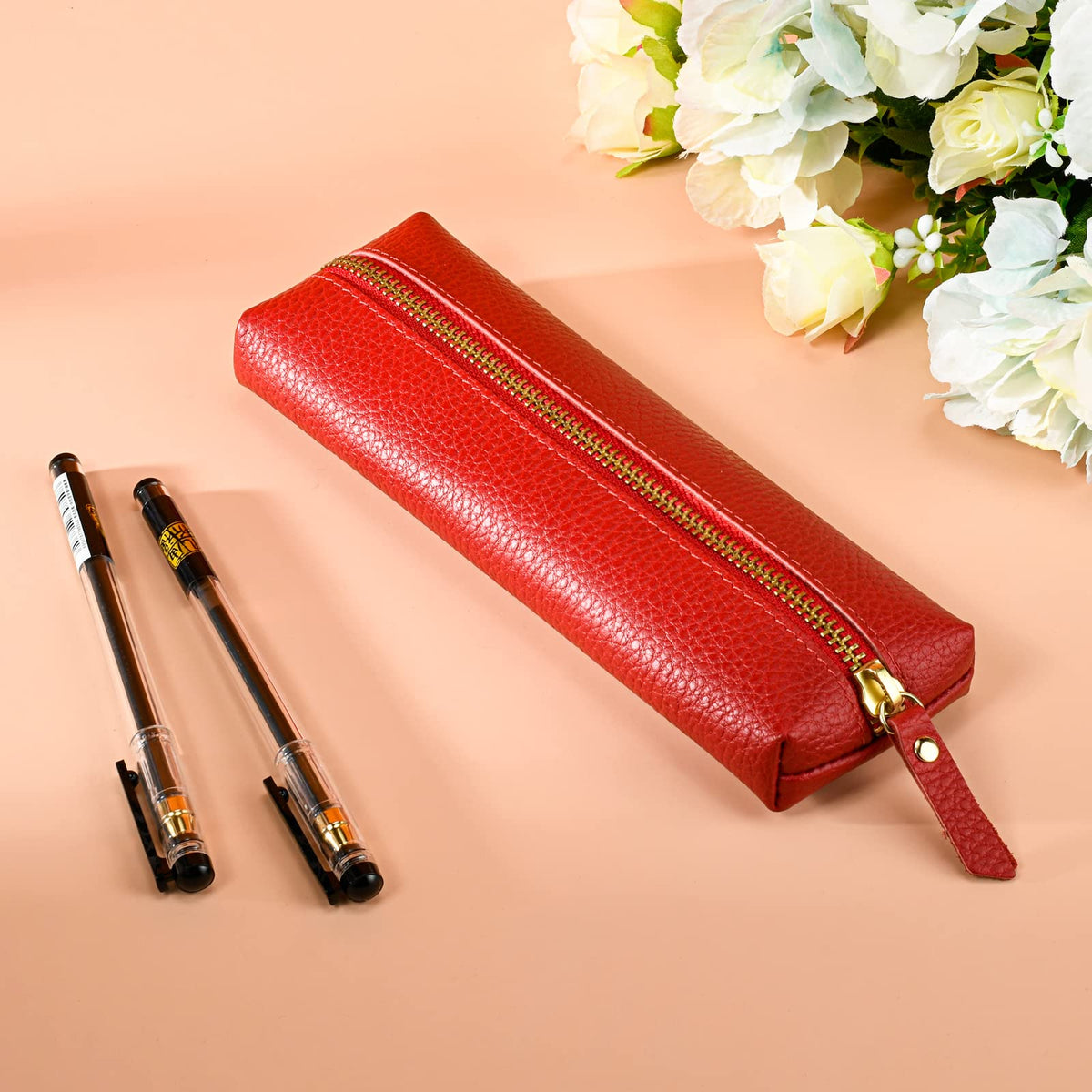 Sluxa Genuine leather pen case, Cowhide red pencil pouch with zipper, Soft pen bag for adults.