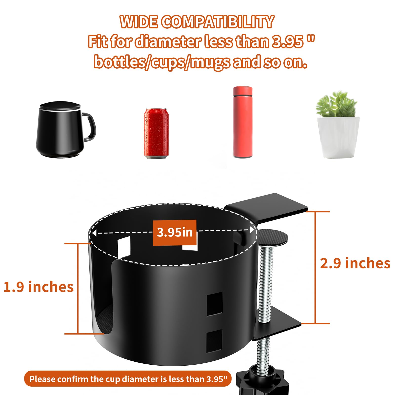 2 Pack Anti-Spill Large Desk Cup Holder Clamp,Metal Table Cup Holder(Black)