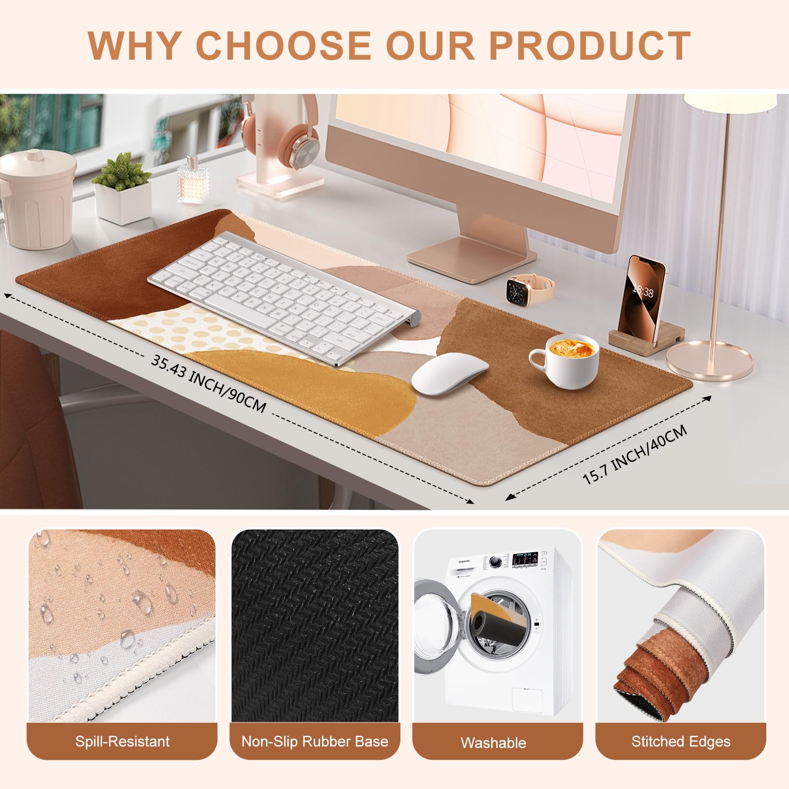 HAOCOO Boho Desk Mat, Large Keyboard Pad for Office, Orange & Brown