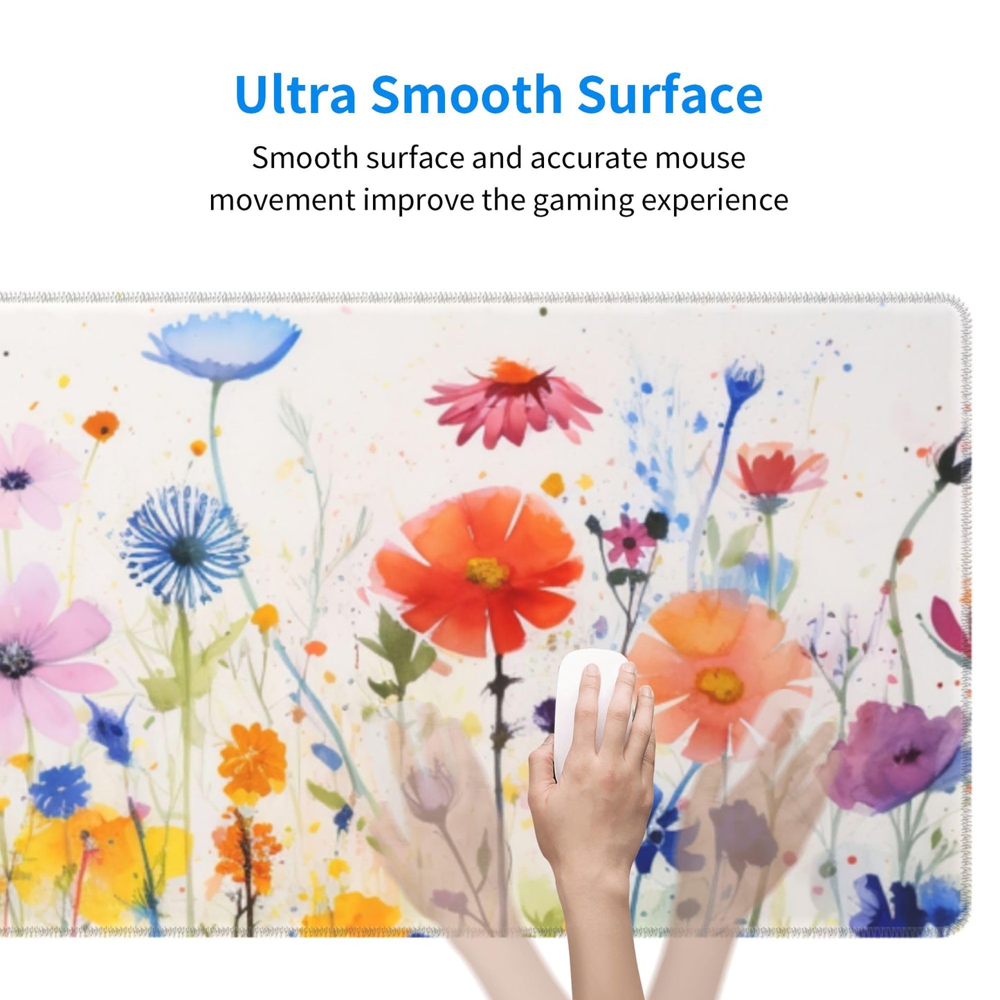 Cute Wildflowers Pattern Mouse Pad 31.5 x 12 Inch, Non-Slip Rubber Base, Ergonomic Design for Pain