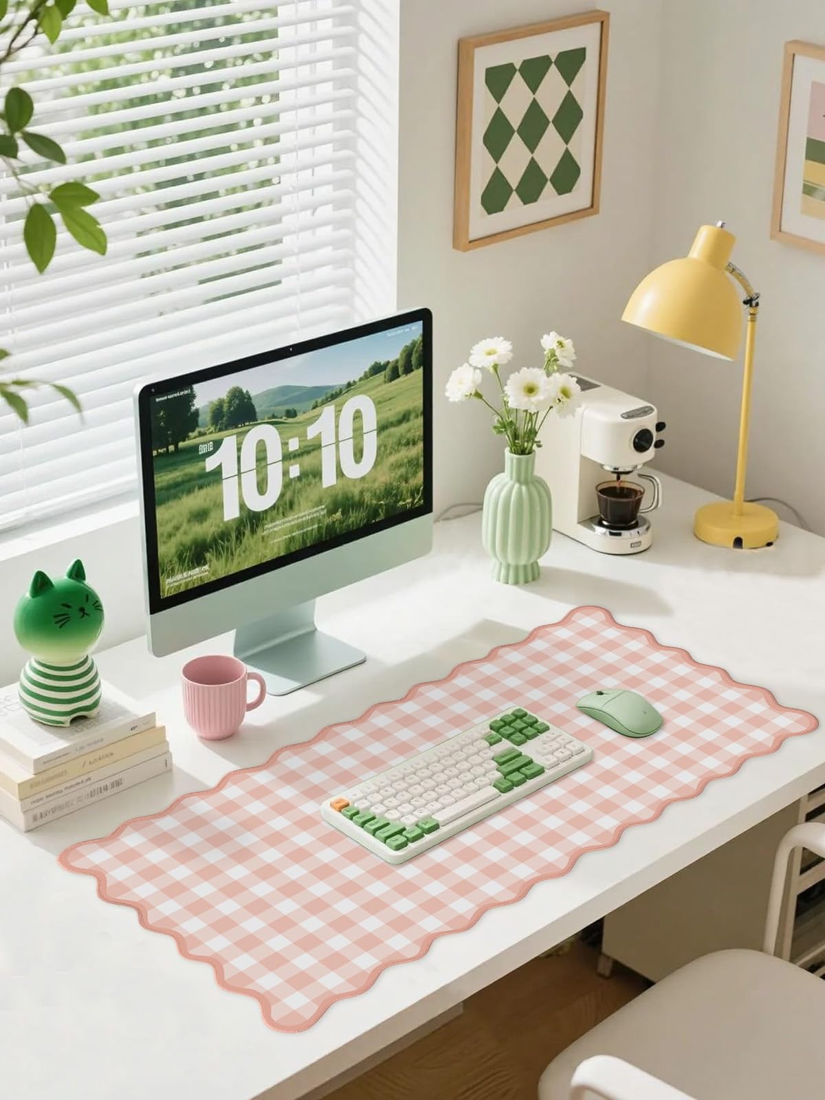 ohisxiacy Scalloped‌ Pink Checkered Gingham Desk Mat Cute Pastel Large Mouse Pad Kawaii Cottagecore