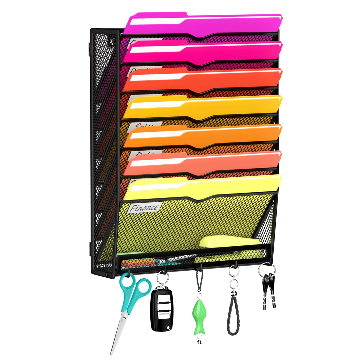8-Tier Wall File Organizer with Base and Hooks, Hanging Organizer, Black