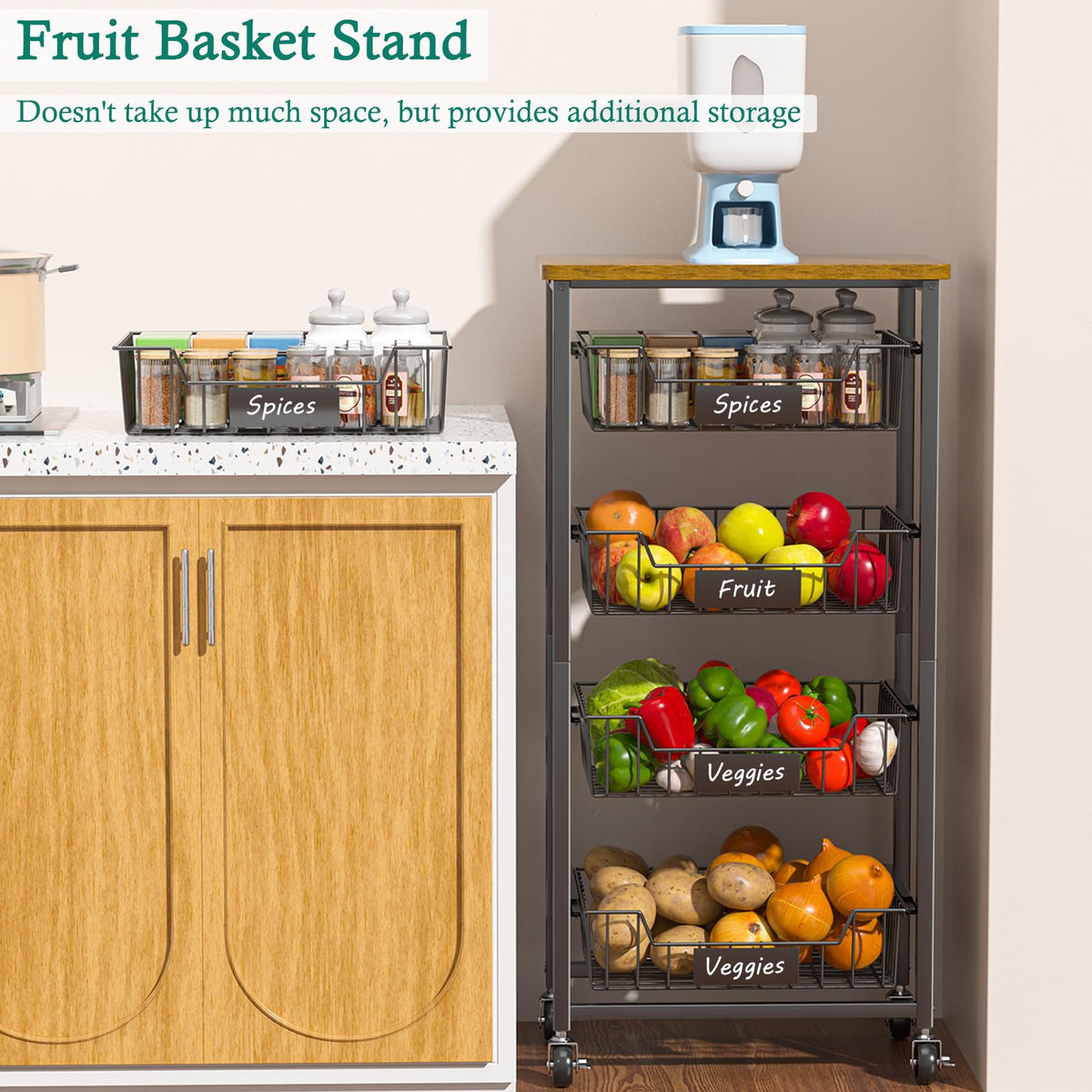 XYZLVSI Kitchen Storage Cart on Wheels, 5 Tier Fruit Vegetable Basket Rack