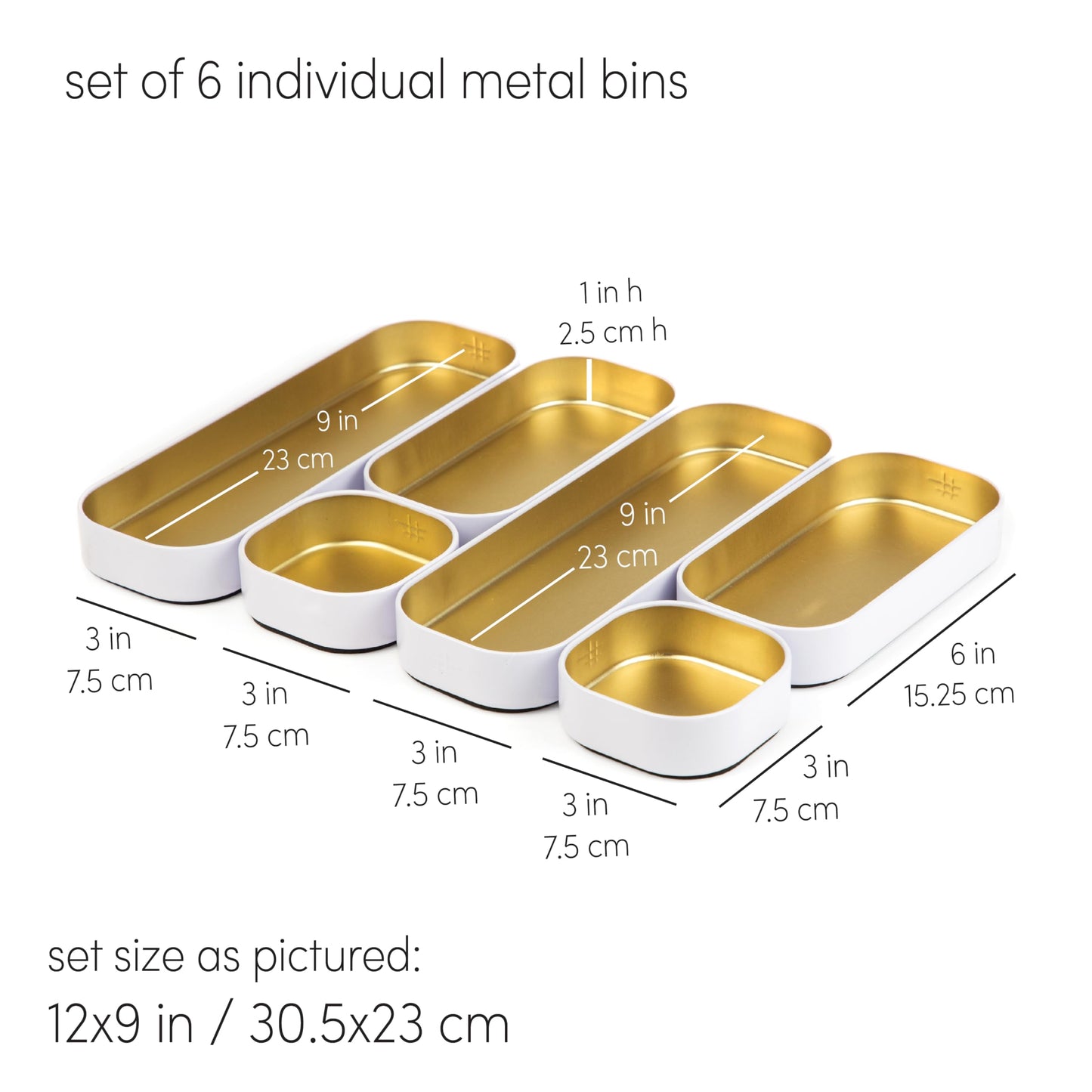 Three by Three Seattle Metal Drawer Organizer Tray Set, 6-Pc, 1" (Gold)
