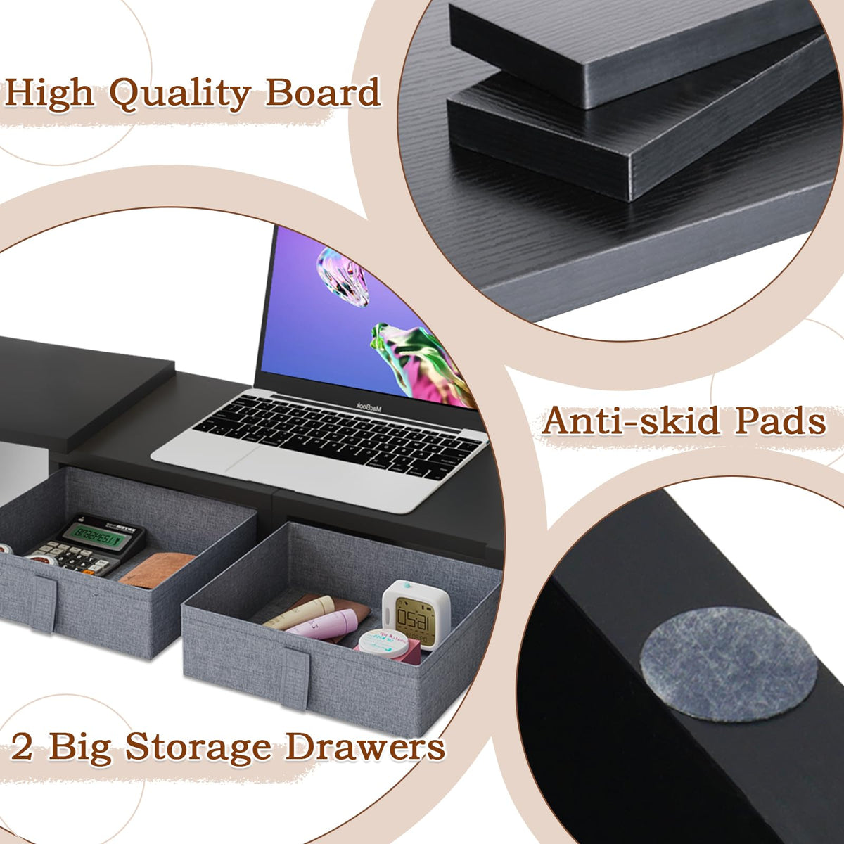 TEAMIX Wood Dual Monitor Stand Riser with Drawers-Length and Angle Adjustable Triple Monitor Stand