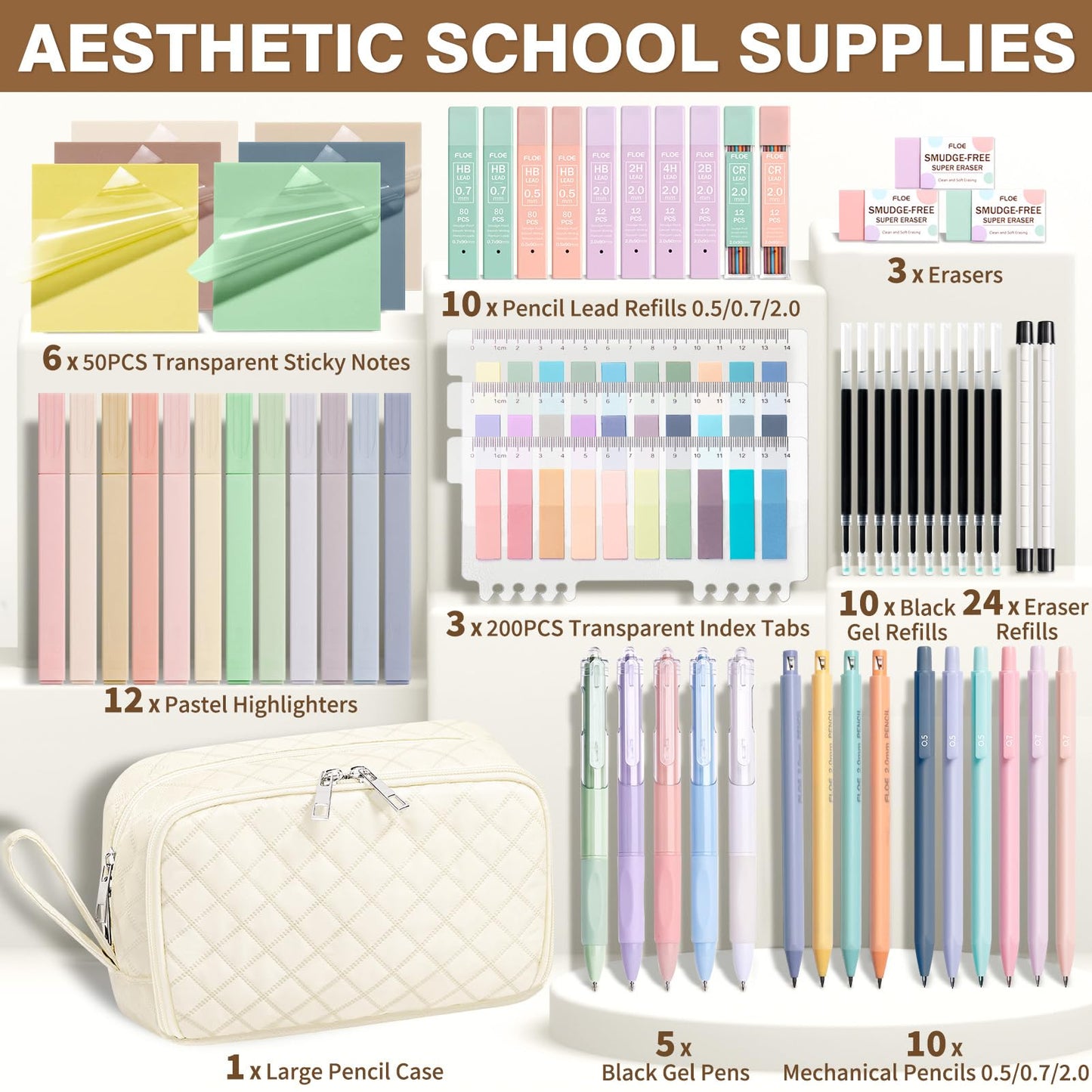 62PCS Aesthetic Back to School Supplies w/ Cute Pencil Case Stationary Set