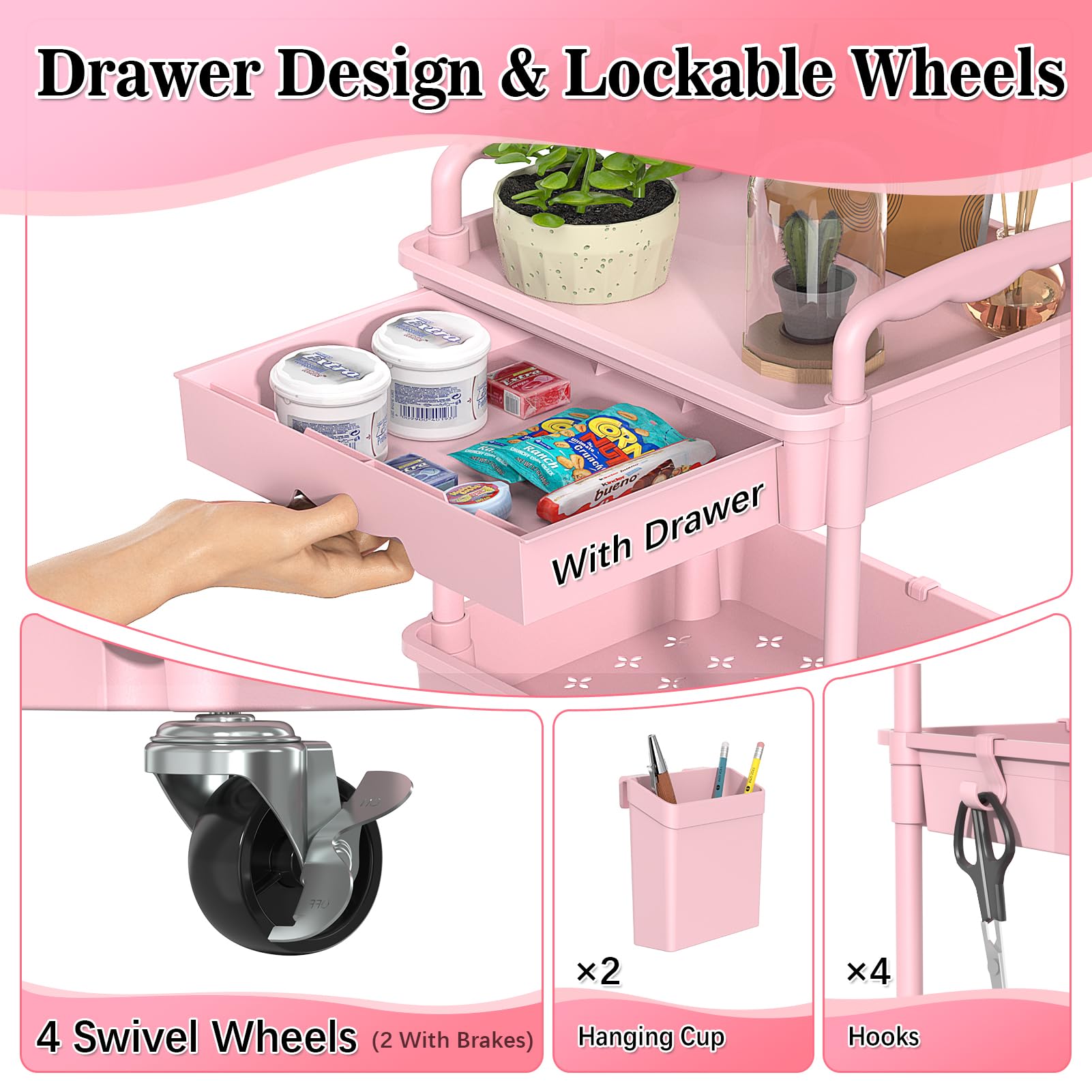 SUNALLY 4 Tier Rolling Cart with Drawer, Craft Storage Cart Organizer, Pink
