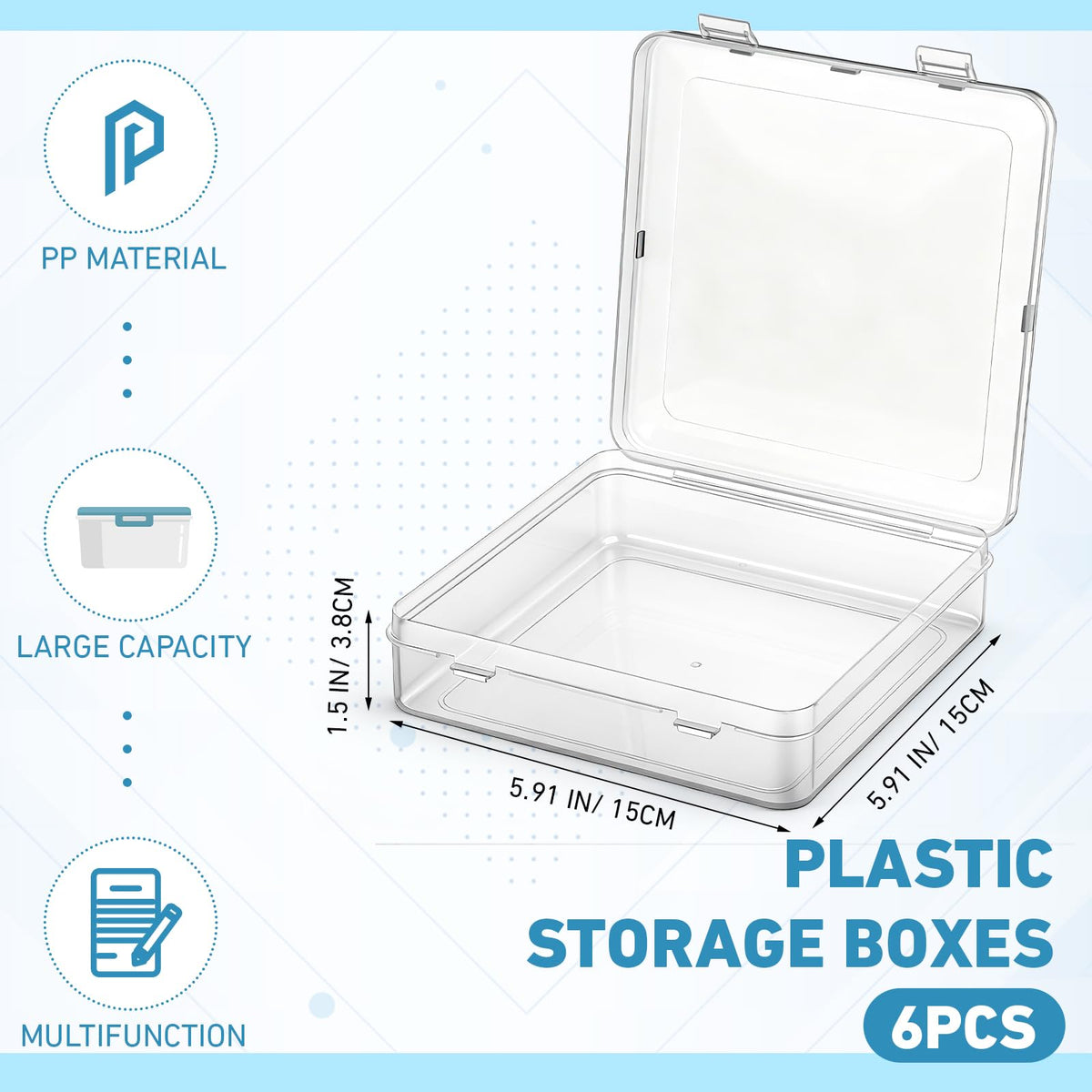 Jetec 6 Pieces Small Clear Plastic Storage Box, 5.9 x 5.9 x 1.5 Inch