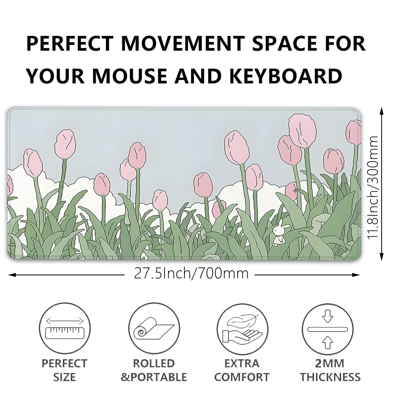 Tulip Flower Mouse Pads,Pink Mouse Pad for Woman,Large Desktop Mat for Keyboard and Mouse,XL