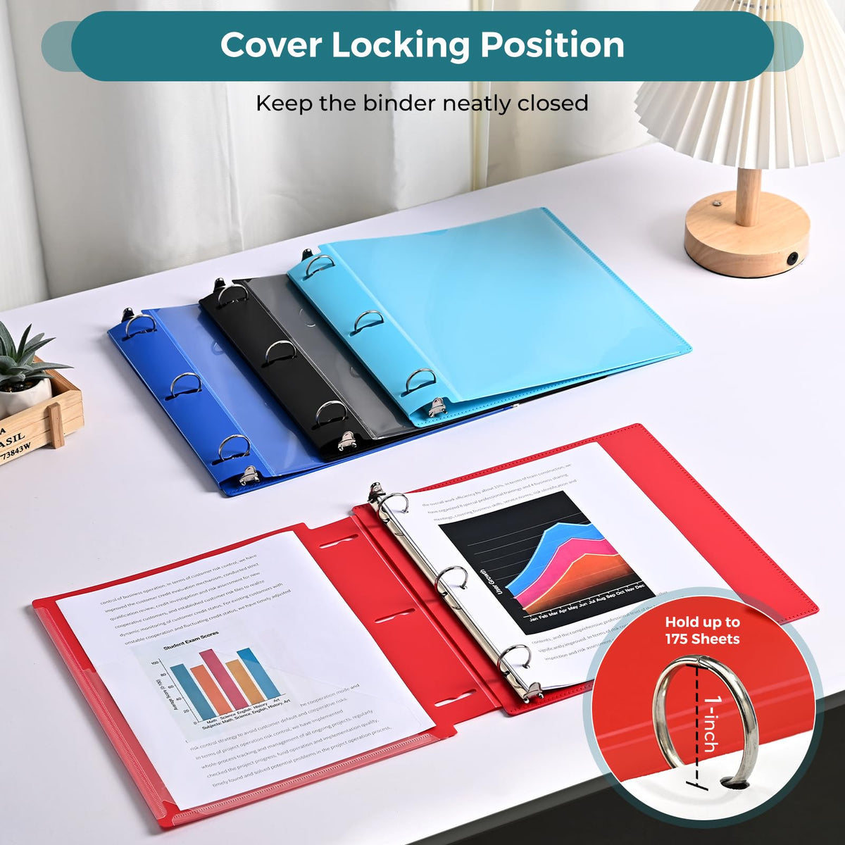 SUIN 1-inch 3 Ring Binders with Pocket, Expandable 1.2 inch Spine Binder, 4 Color-Code with Clear