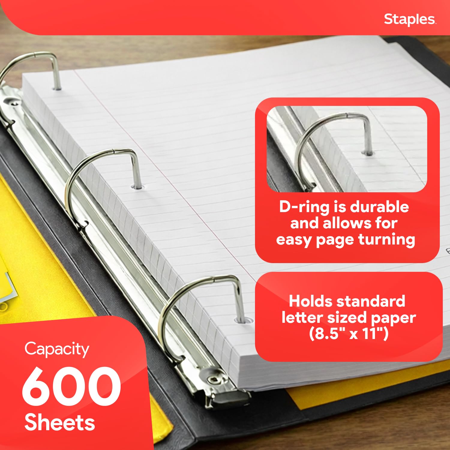Staples Heavy-Duty 3-Inch D-Ring Binder, Yellow, Holds 600 Sheets