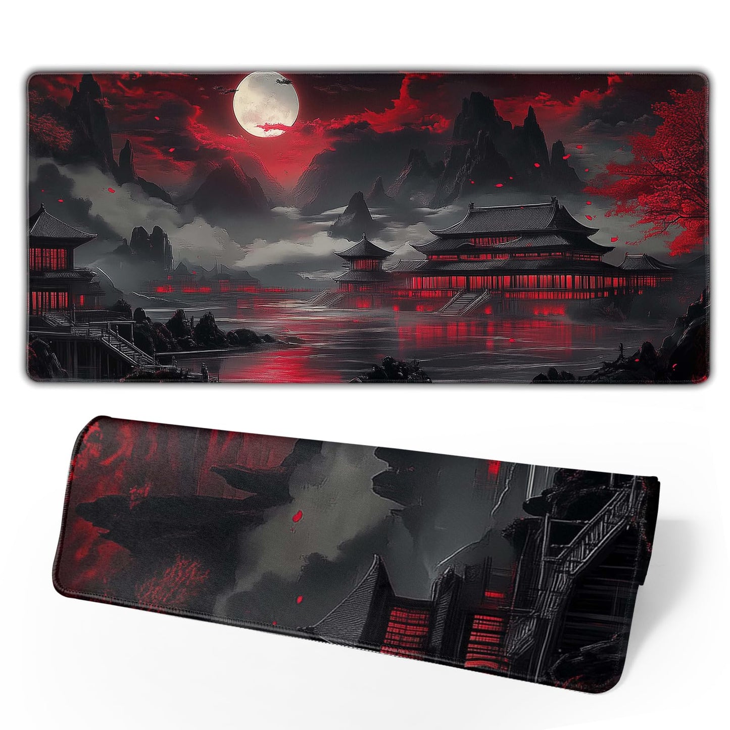 Japanese Mouse Pad Large Riverside Full Moon Desk Mat Black Red Mouse Pad Gaming 35.4"x15.7" Long