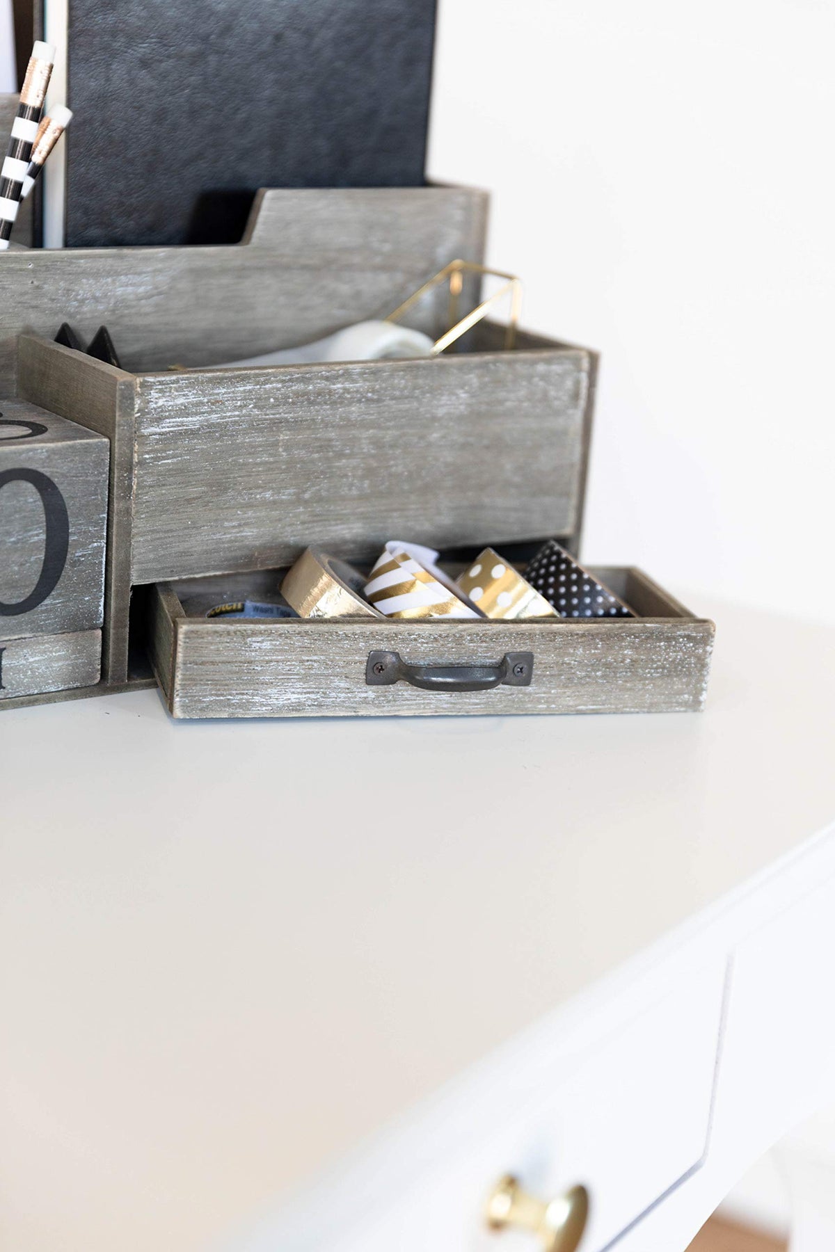 BLU MONACO | Dark Wooden Mail Organizer with Block Calendar | Two-Tier Mail Sorter, Drawer &