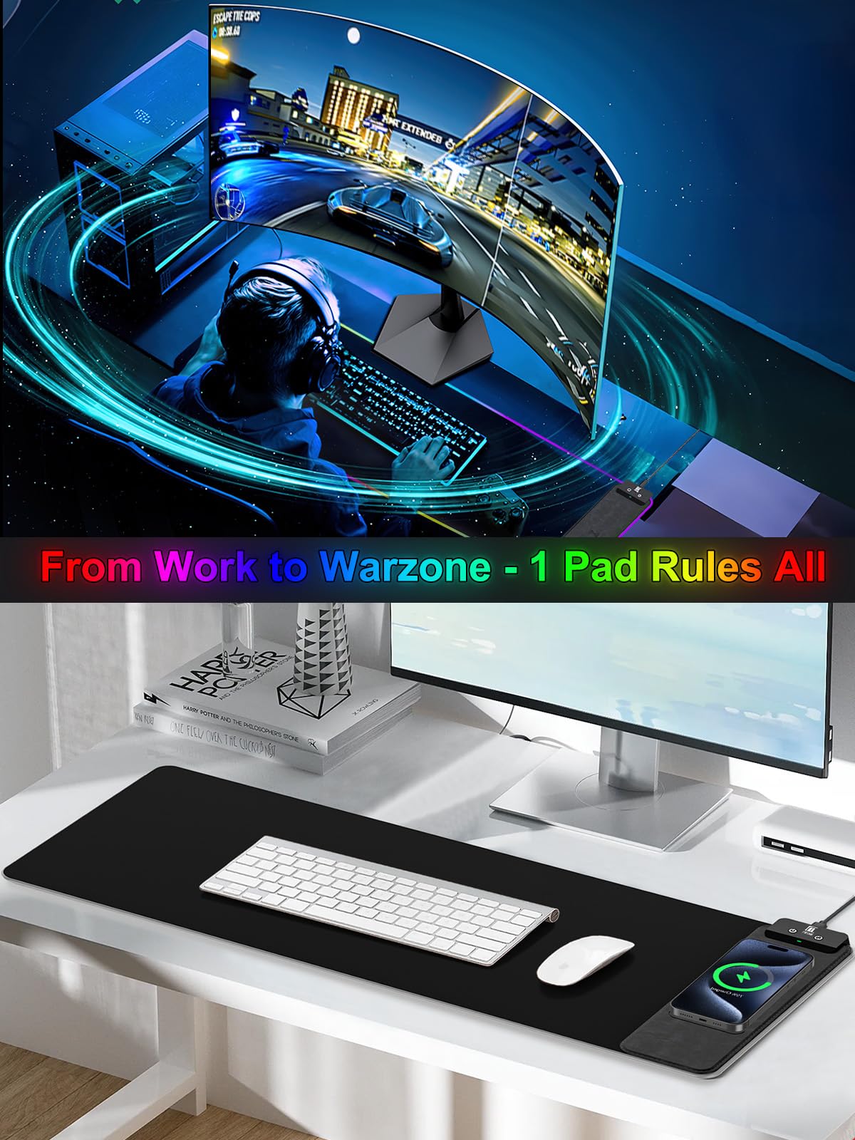 Mouse Pad with Wireless Charging, Large Desk Mat RGB Gaming Mousepad, 10 Light Colors LED Gaming