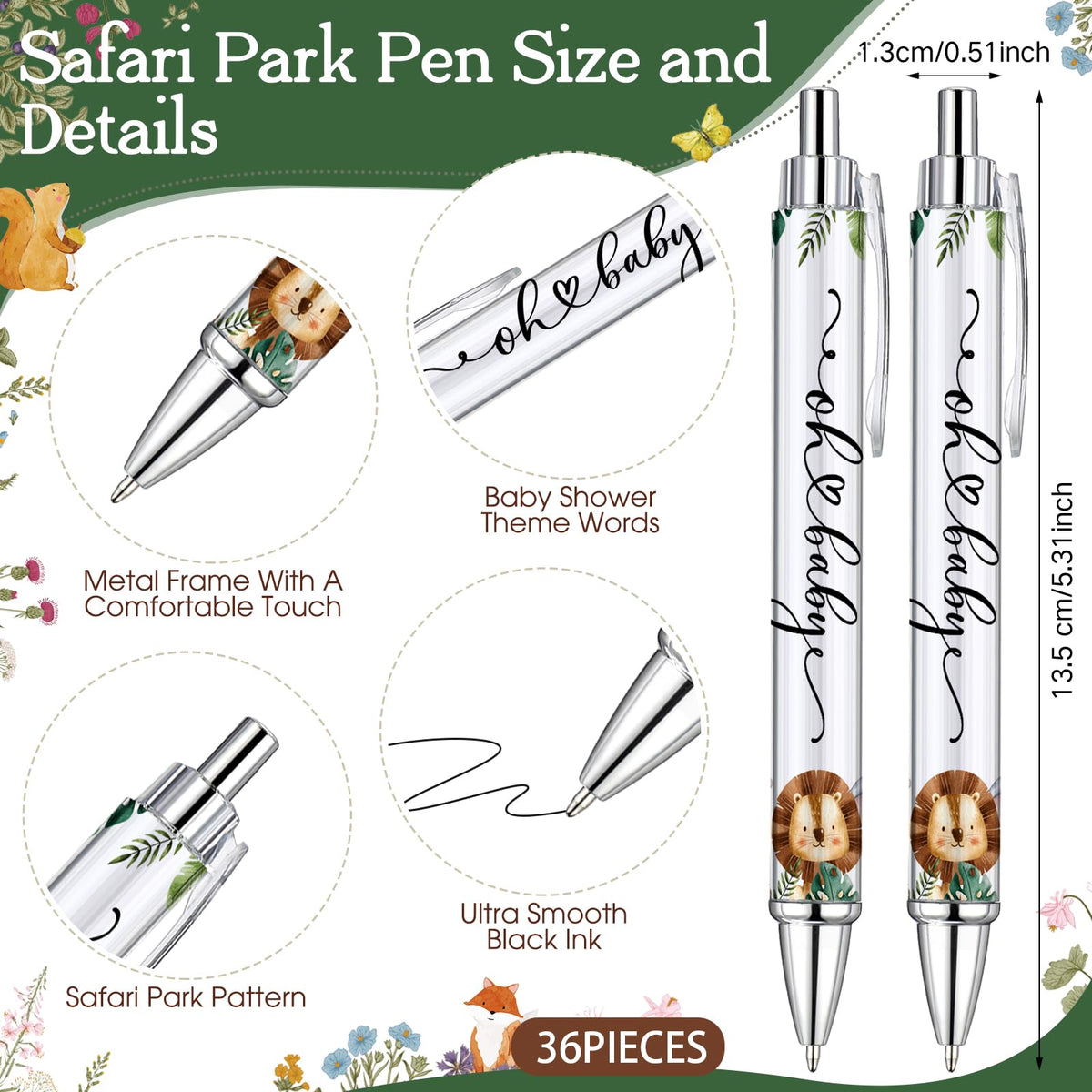 Dinifee 36 Sets Safari Baby Shower Favor, Ballpoint Pen with Greeting Card