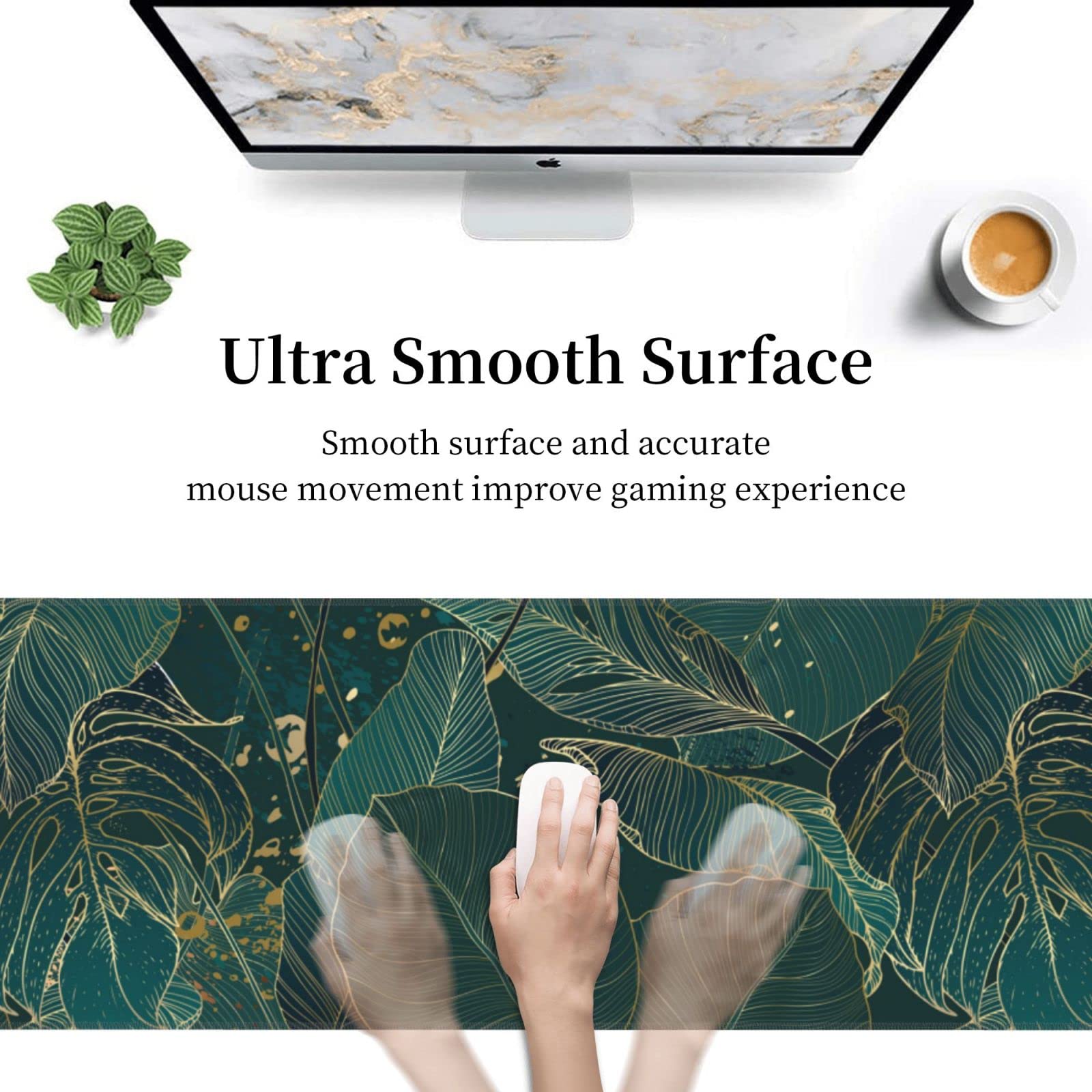 Tropical Monstera Leaves Gold Green XXL XL Large Gaming Mouse Pad for Desk, Non-Slip Long Extended