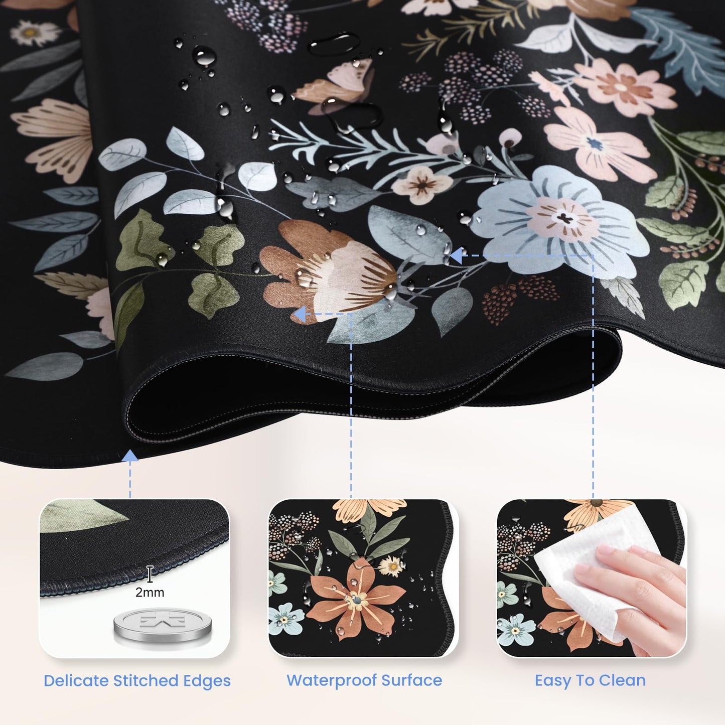 HAOCOO Scalloped Desk Mat for Keyboard, Floral Mouse Pad(Black)