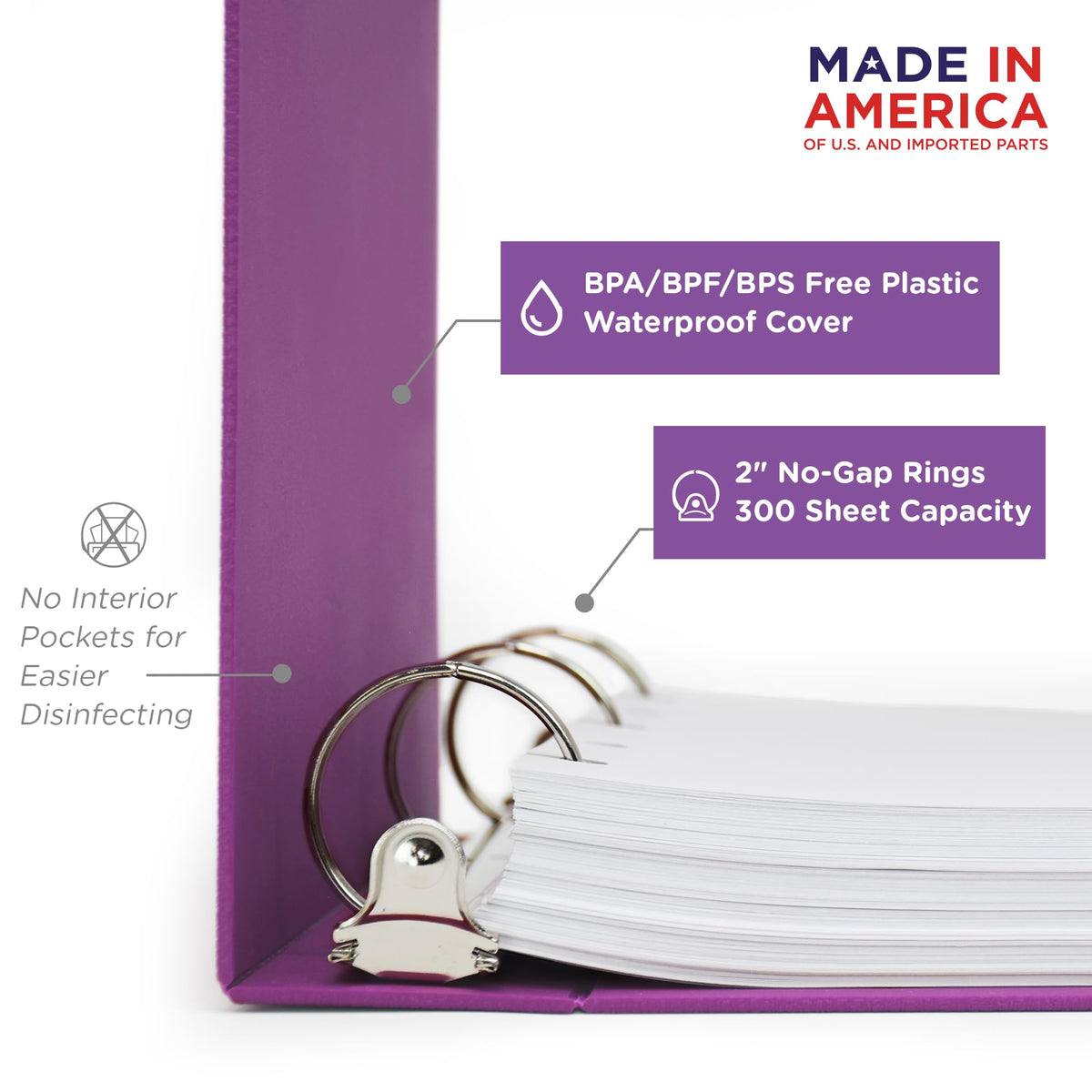 Carstens 2-Inch Heavy Duty 3-Ring Binder - Side Opening, Dewberry Purple, Durable Plastic