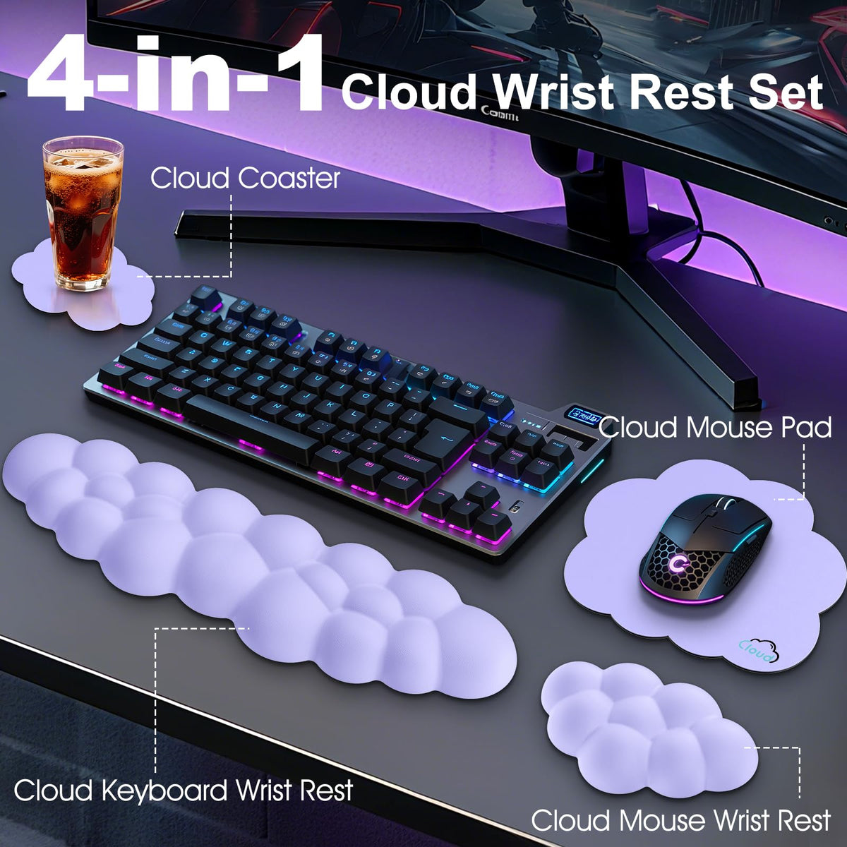 Retuhapy Cloud Wrist Rest Keyboard Cushion and Cloud Mouse Pad, Purple