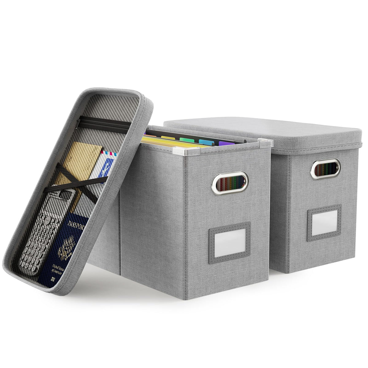 Oterri Hanging Filing File Box with Mesh Pocket, File Organizer Box with Lid, Collapsible Document