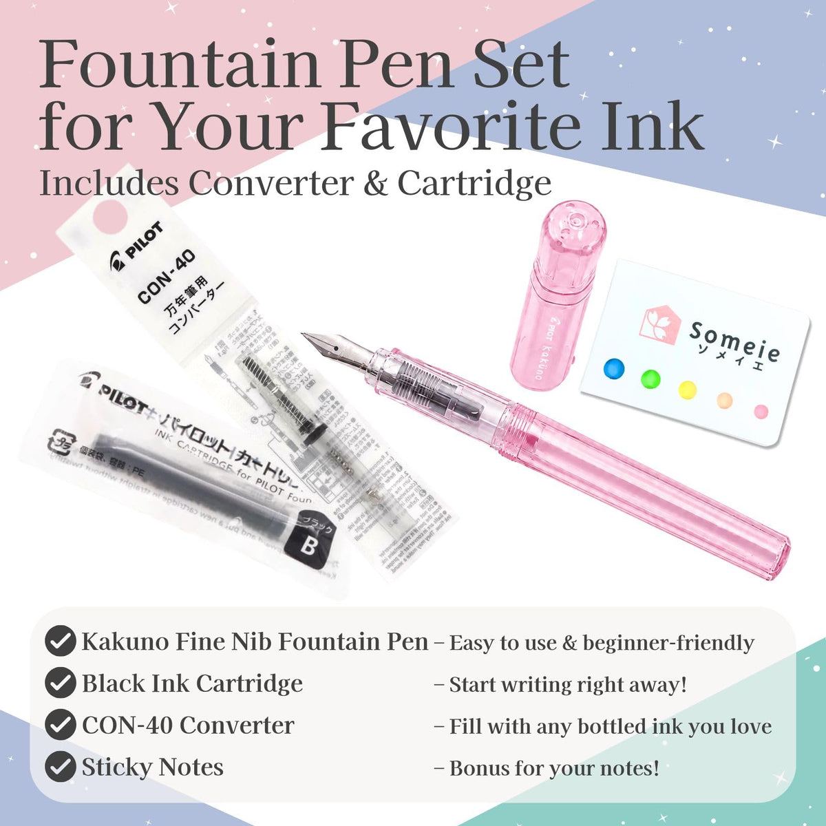Someie Fountain Pen Set CON-40 Converter & Kakuno Fine Nib with Black Ink Cartridge & Sticky Notes