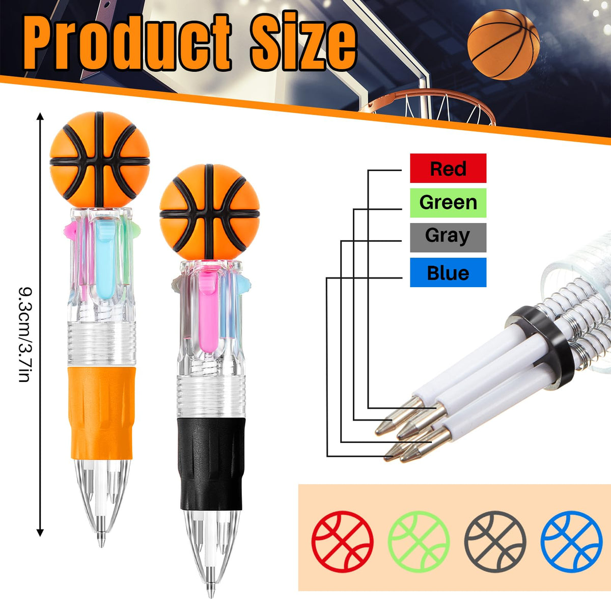 Kosiz 48 Pack Basketball Party Favors Multicolor 4 in 1 0.5mm Ballpoint Pen