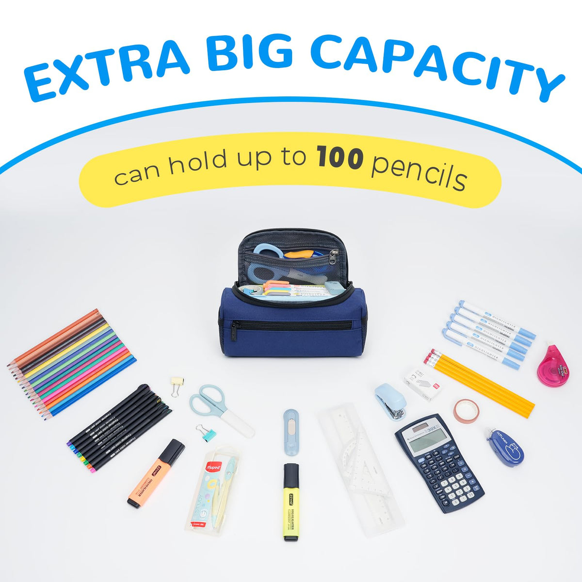 ECHSRT Large Pencil Case Organizer, Big Capacity U-Shaped Pen Pouch, Blue