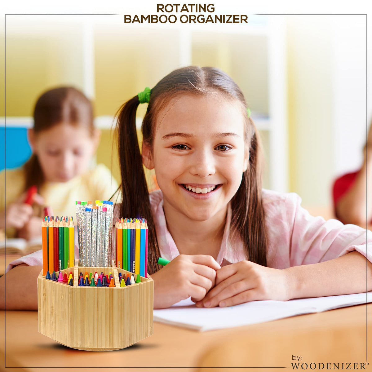 Bamboo Art Supply Organizer - Pencil & Pen Holder - Kids & Adults Desk Organizer - 8 Compartments