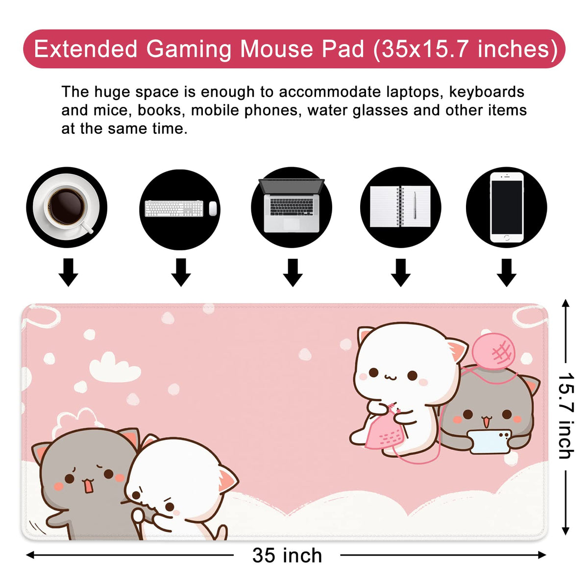 Pink Large Gaming Mouse Pad Kawaii Desk Pad XXL Cute Cat Mouse Mat 35x15.7x0.12 inch Desk