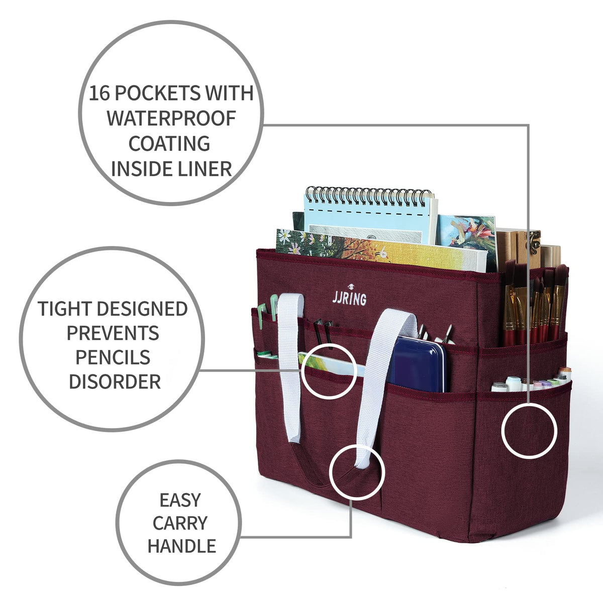 JJRING Craft Organizer Tote Bag Large Art Storage Caddy Dark Red