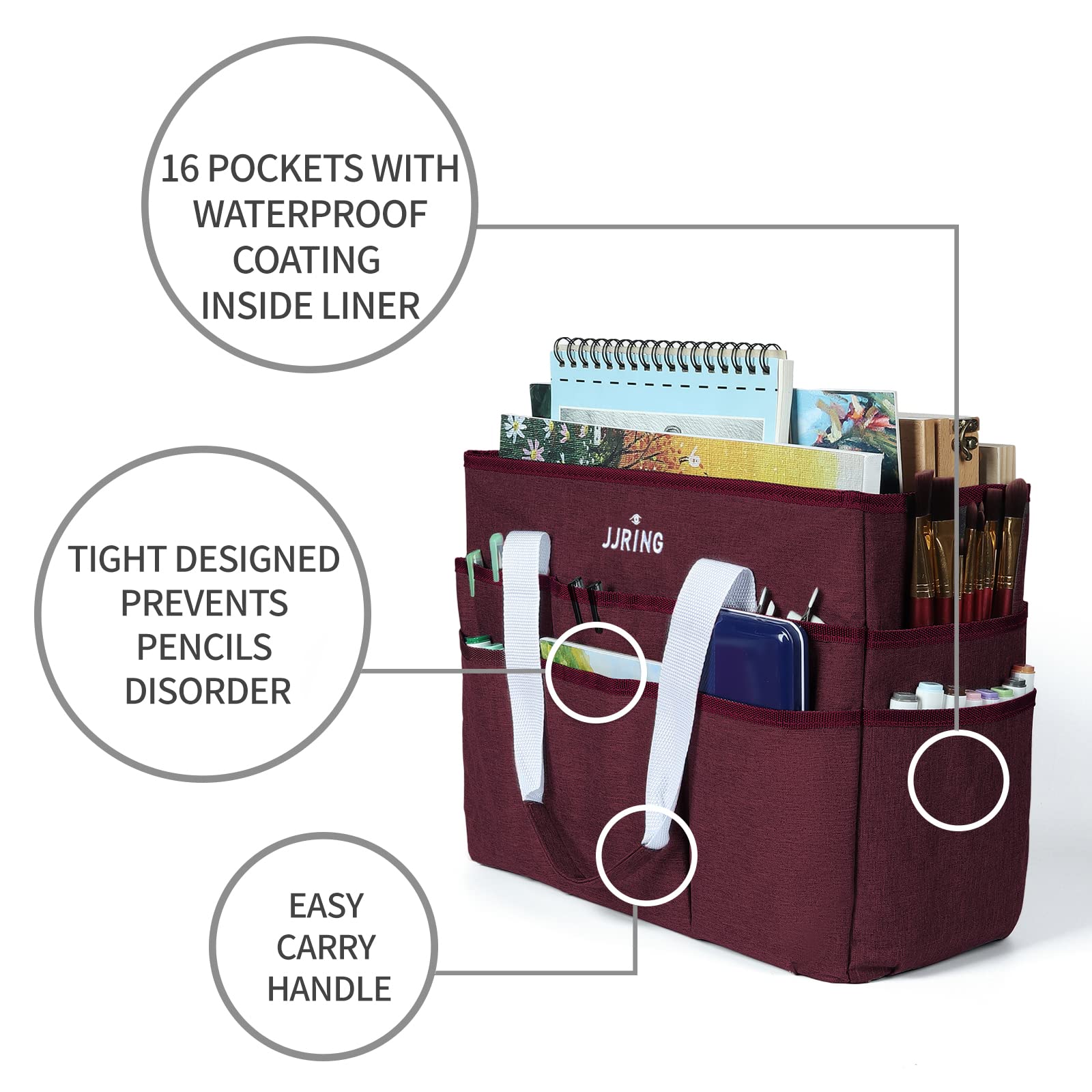 JJRING Craft Organizer Tote Bag Large Art Storage Caddy Dark Red