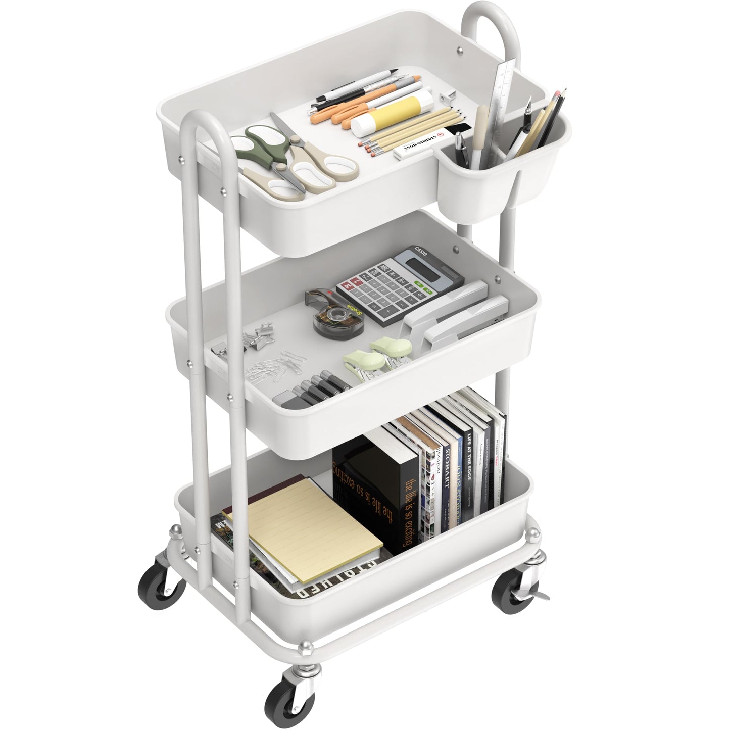 Simple Houseware 3-Tier Rolling Utility Cart with Hanging Bucket, White