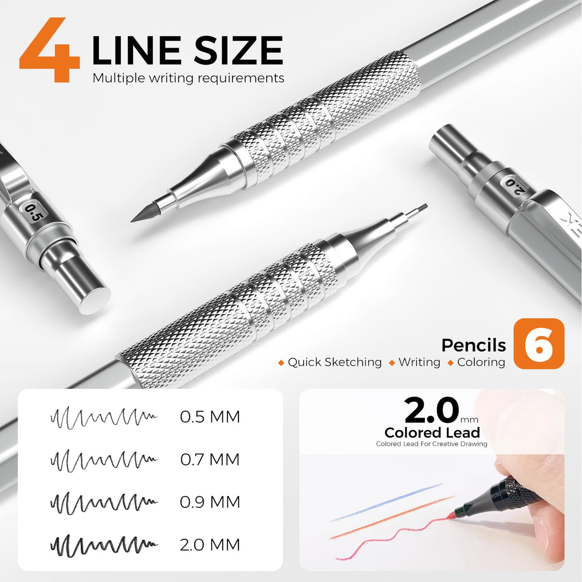 STAGEEK 35PCS Mechanical Pencil Set, 0.5 0.7 0.9 2.0mm Art Pencils, Silver