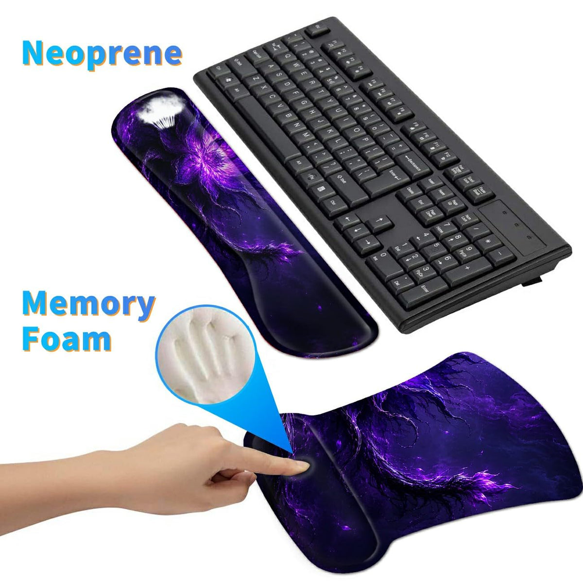 3-in-1 Ergonomic Memory Foam Keyboard Wrist Rest Pad Set, Purple Magic Flower