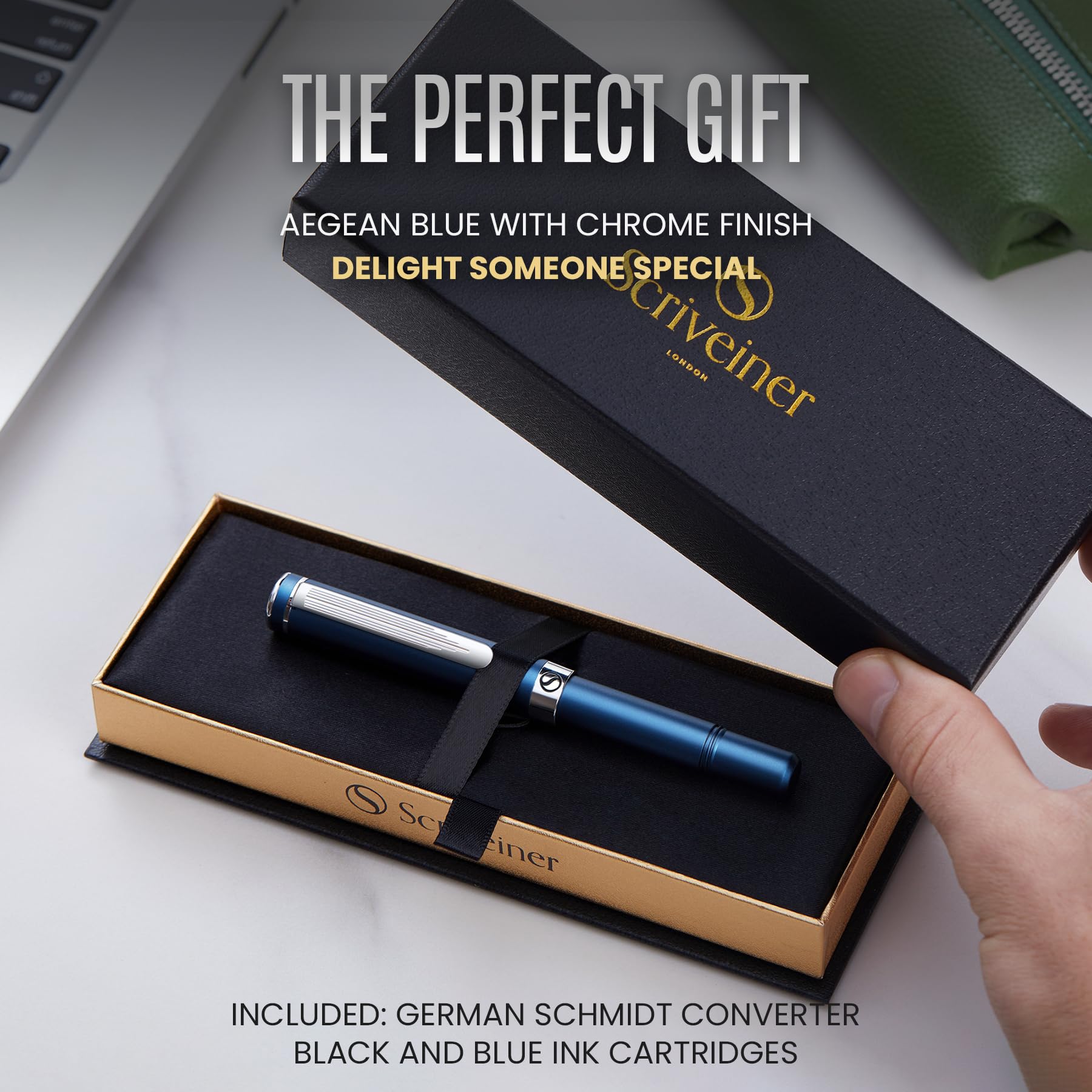 Scriveiner Luxury EDC Fountain Pen (Medium), Stunning Matt Blue Pocket Pen, Chrome Finish, Schmidt