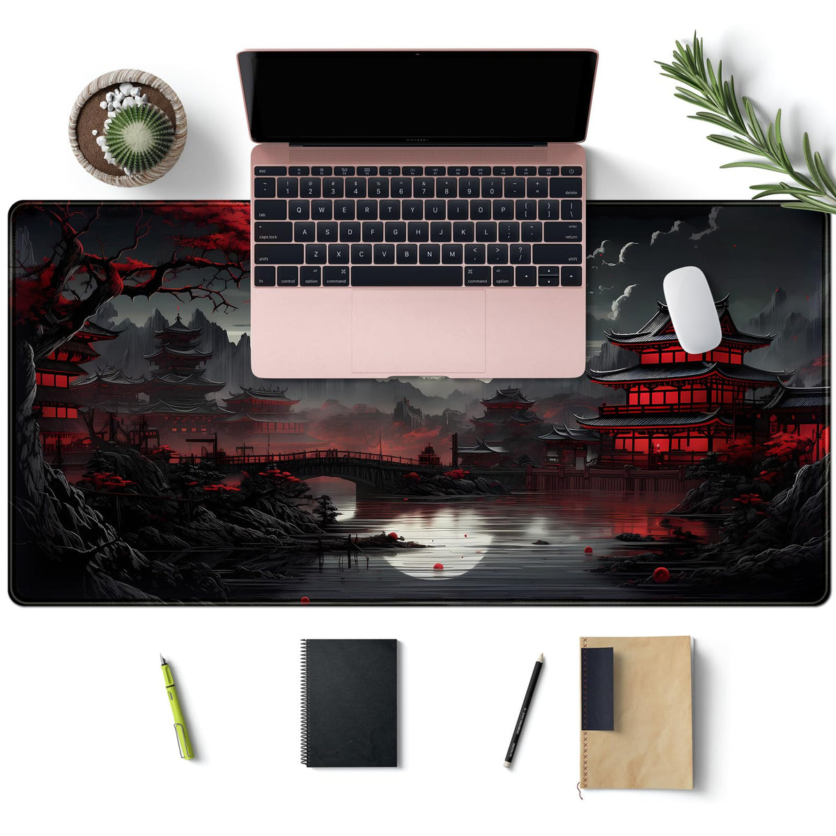 Japanese Desk Mat Riverside Full Moon Desk Pad Black Red Large Mouse Pad Gaming Mousepad Extended