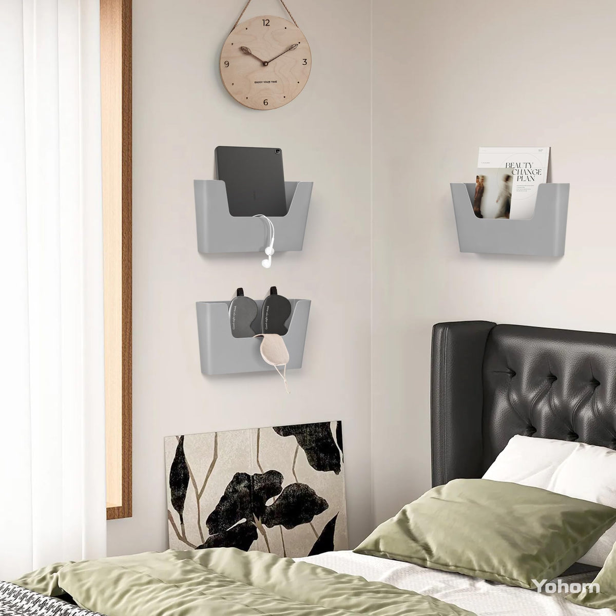 YOHOM Adhesive File Holder Plastic Document Folder Door No Drilling Mount Mail Magazine Organizer