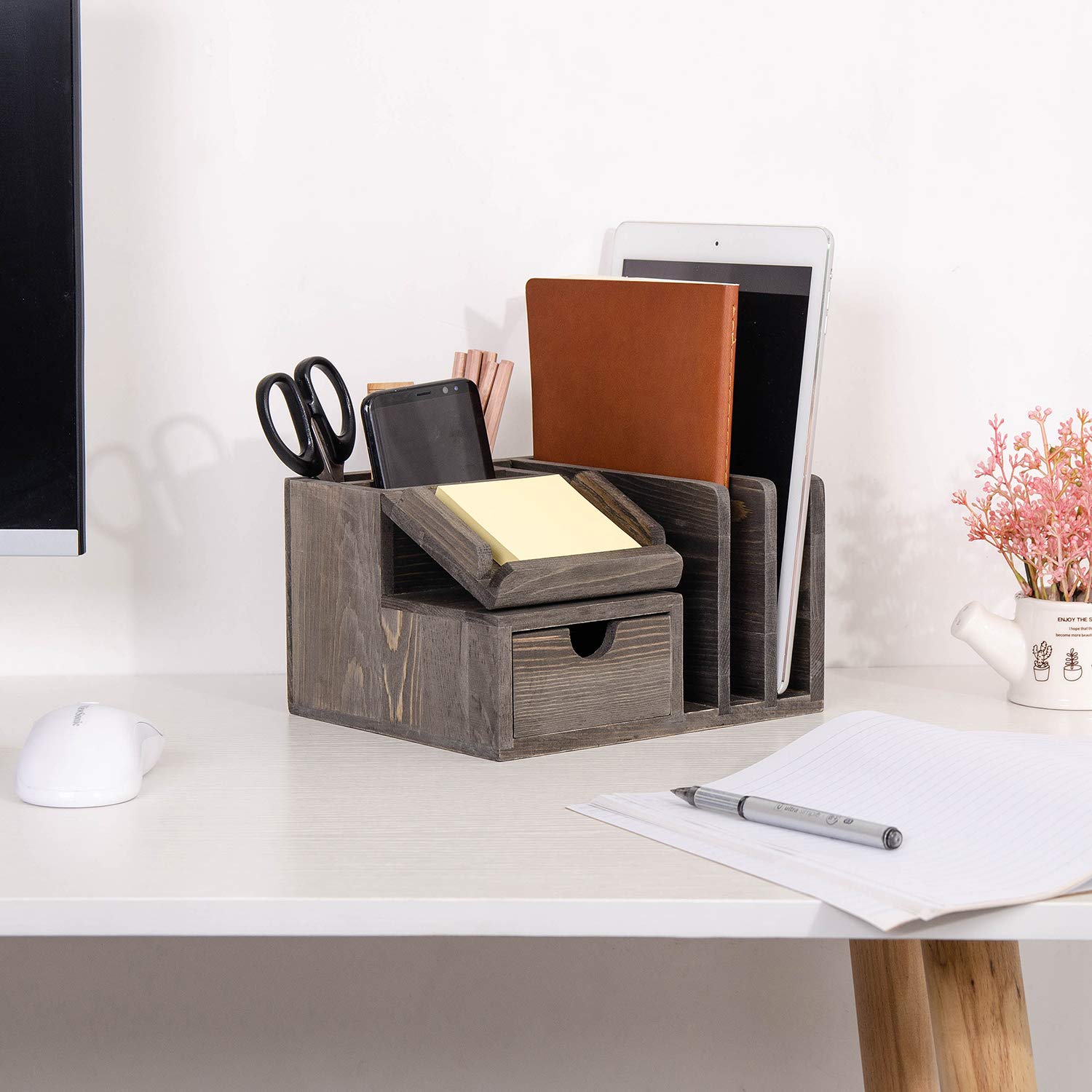 Liry Products Gray Rustic Wood Desk Organizer Storage Cabinet Mail File Paper Sticky Note Memo Pad