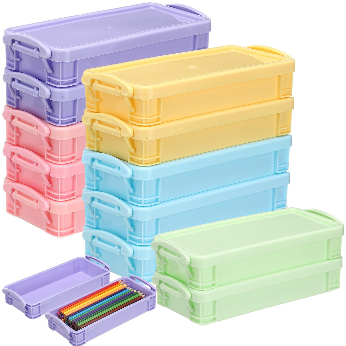 Gueevin 12 Pcs Pencil Box Clear Plastic Pencil Case, Macaron Colors