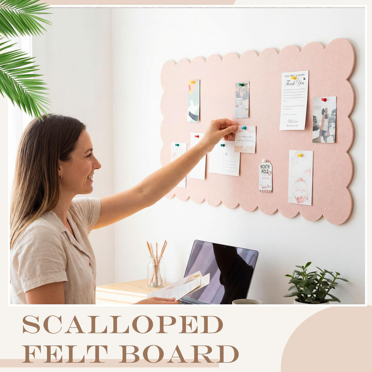 Mooliwe Scalloped Felt Bulletin Cork Board Foldable Flesh Pink 36 * 18 Inch