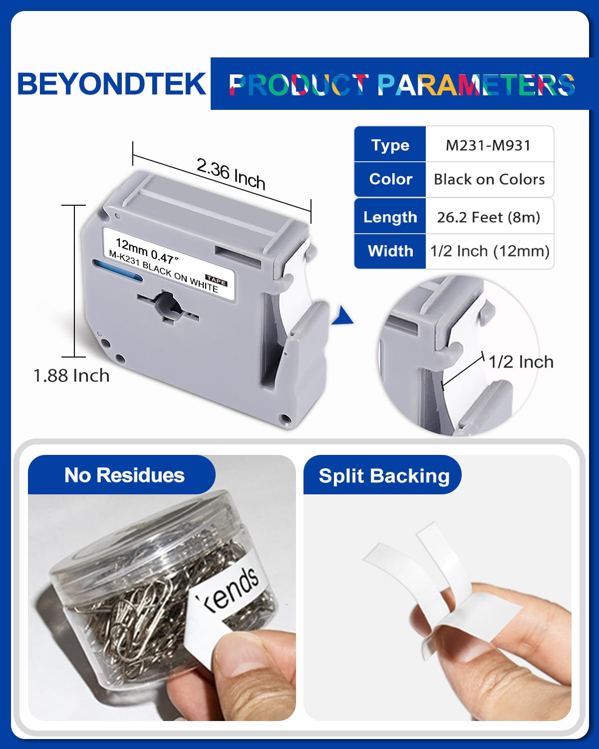 Colors M Tape Work for PT-70BM PT-M95 Replace with Brother P Touch M Tape
